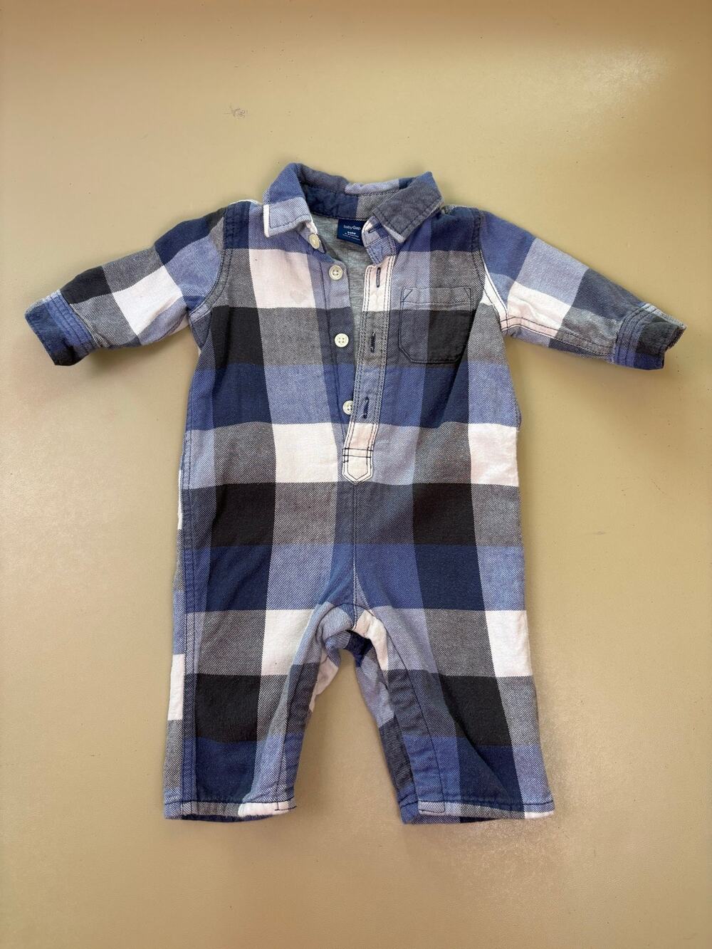 Baby Gap Boys 3-6M Blue Plaid Collared Long Sleeve Romper
